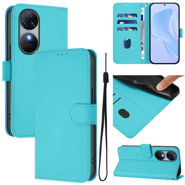 For Oukitel C38 Skin Feel Solid Color Leather Phone Case with Lanyard(Lake Blue)