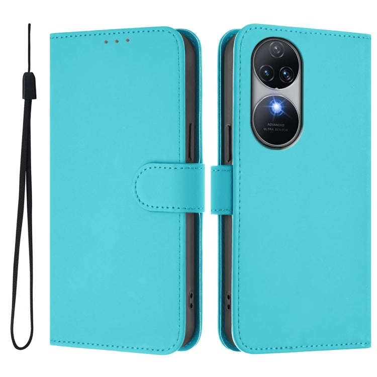 For Oukitel C38 Skin Feel Solid Color Leather Phone Case with Lanyard(Lake Blue)