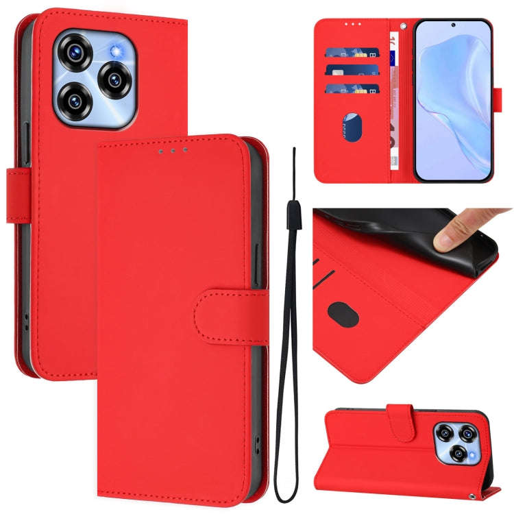 For Oukitel C50 Skin Feel Solid Color Leather Phone Case with Lanyard(Red)
