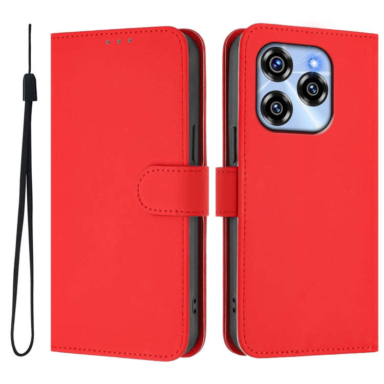 For Oukitel C50 Skin Feel Solid Color Leather Phone Case with Lanyard(Red)