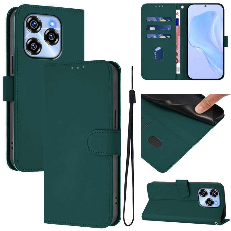 For Oukitel C50 Skin Feel Solid Color Leather Phone Case with Lanyard(Dark Green)