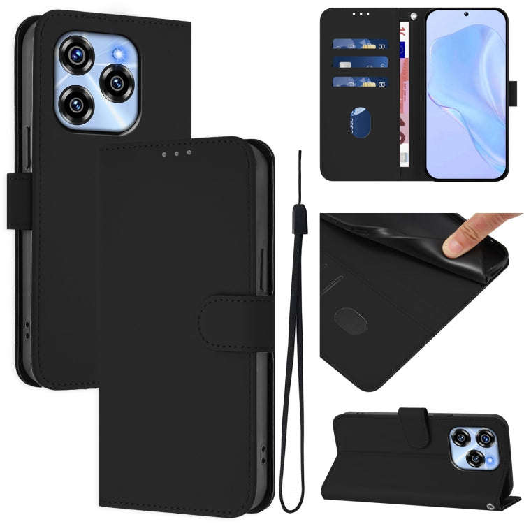 For Oukitel C50 Skin Feel Solid Color Leather Phone Case with Lanyard(Black)