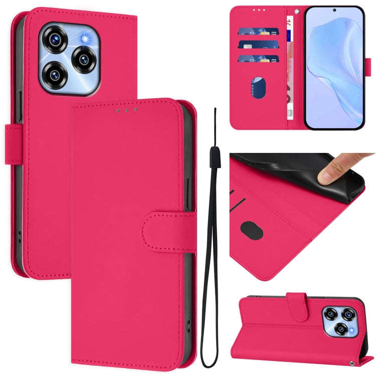 For Oukitel C50 Skin Feel Solid Color Leather Phone Case with Lanyard(Rose Red)