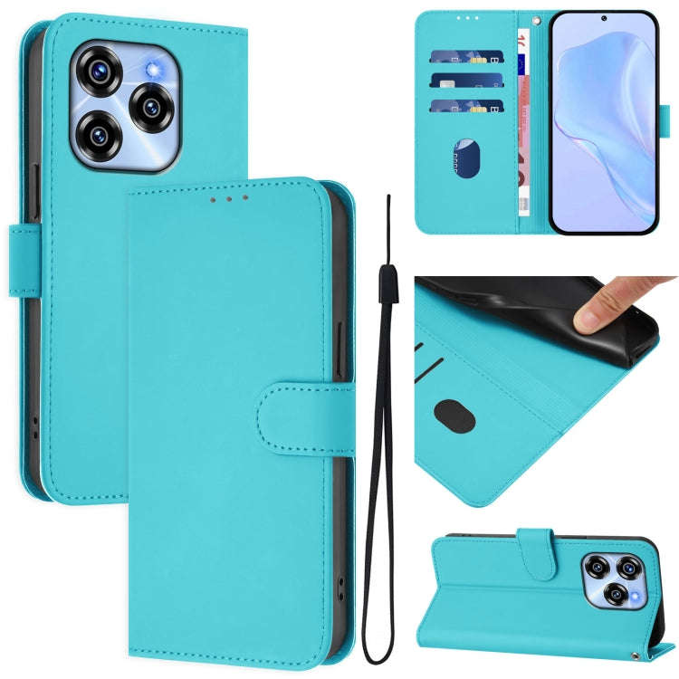 For Oukitel C50 Skin Feel Solid Color Leather Phone Case with Lanyard(Lake Blue)