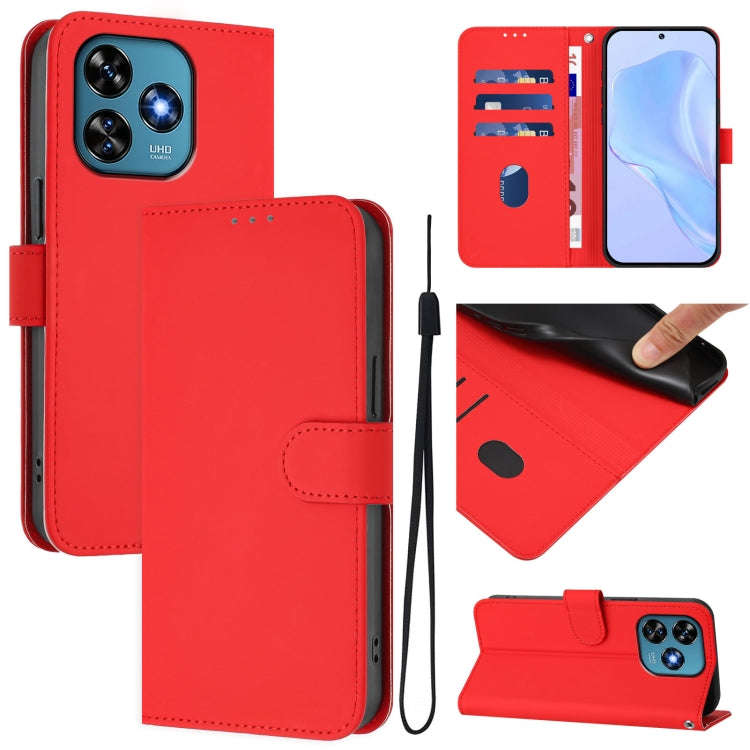 For Oukitel C51 Skin Feel Solid Color Leather Phone Case with Lanyard(Red)