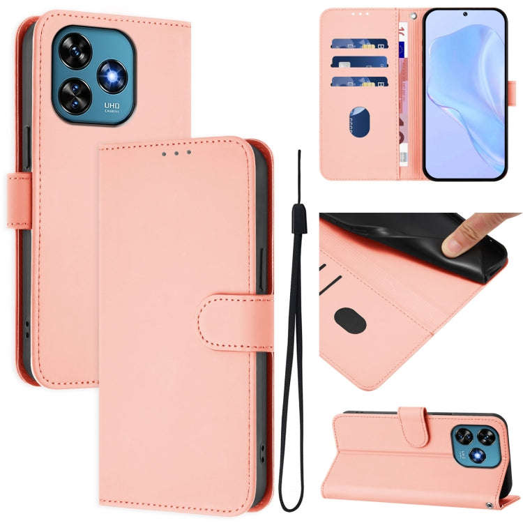 For Oukitel C51 Skin Feel Solid Color Leather Phone Case with Lanyard(Pink)