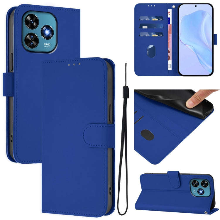 For Oukitel C51 Skin Feel Solid Color Leather Phone Case with Lanyard(Dark Blue)