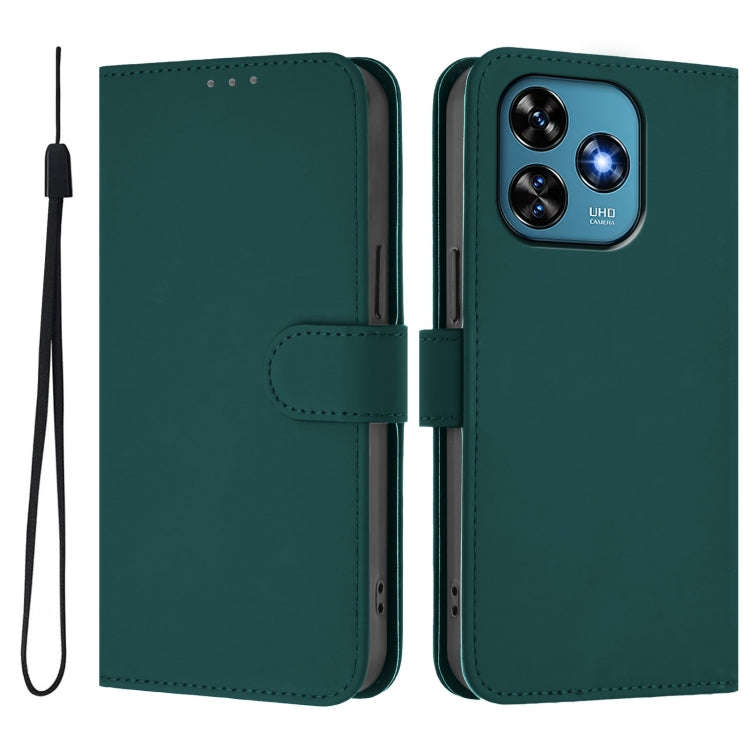 For Oukitel C51 Skin Feel Solid Color Leather Phone Case with Lanyard(Dark Green)