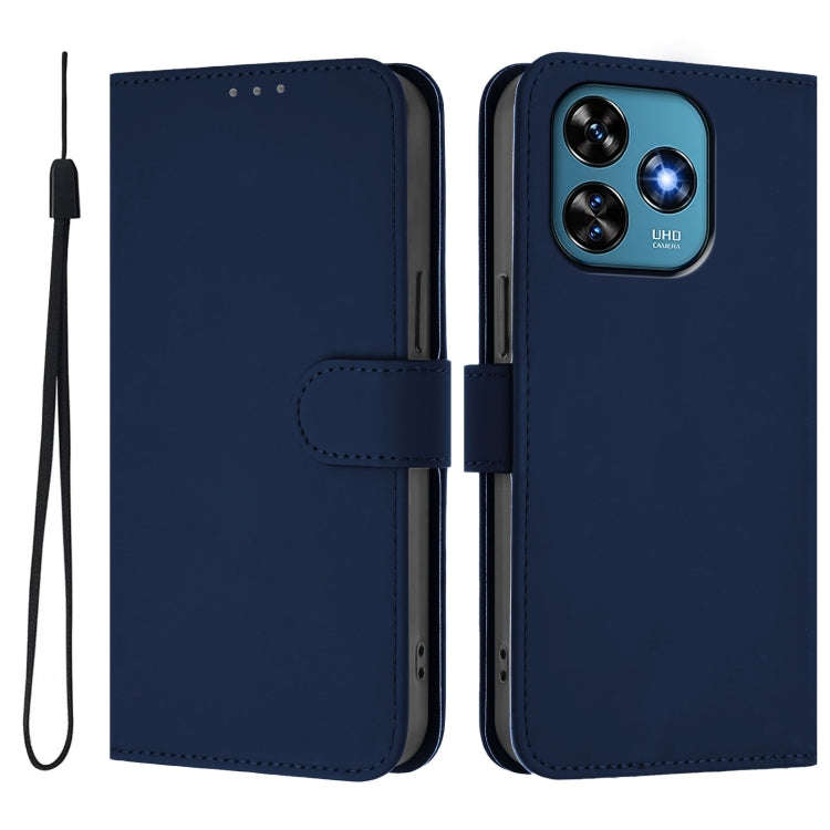 For Oukitel C51 Skin Feel Solid Color Leather Phone Case with Lanyard(Navy Blue)