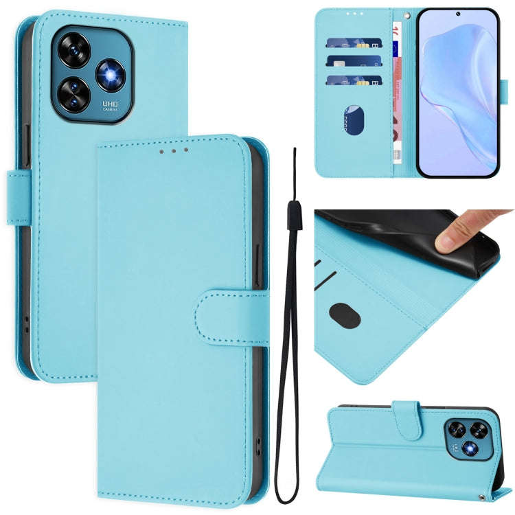 For Oukitel C51 Skin Feel Solid Color Leather Phone Case with Lanyard(Sky Blue)