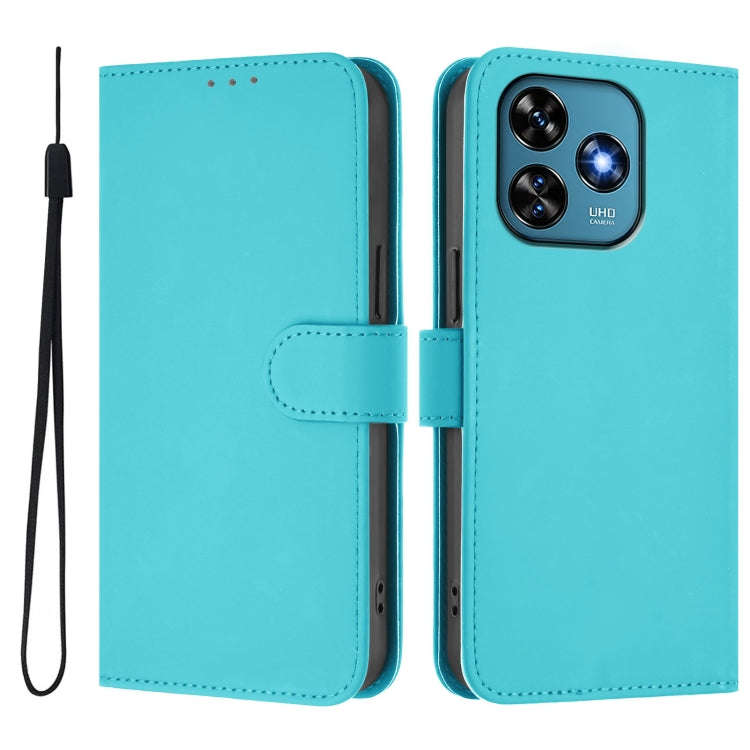 For Oukitel C51 Skin Feel Solid Color Leather Phone Case with Lanyard(Lake Blue)