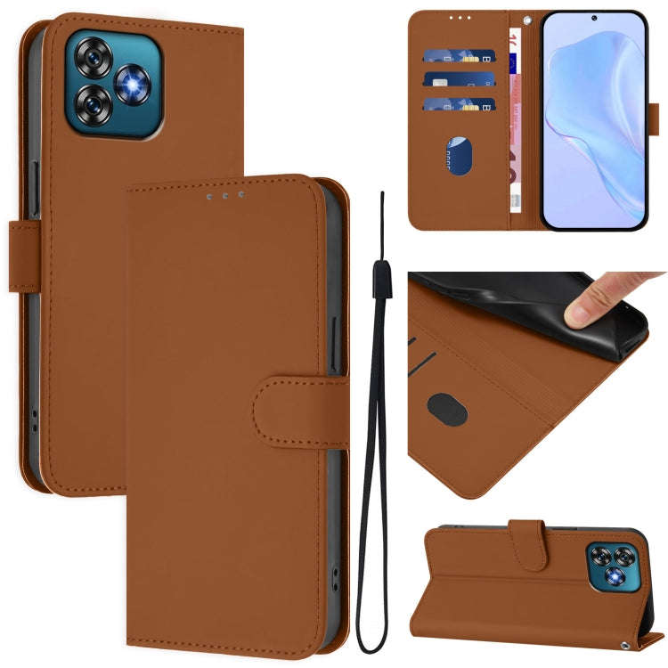 For Oukitel C53 Skin Feel Solid Color Leather Phone Case with Lanyard(Brown)