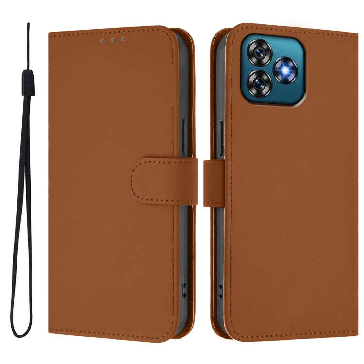 For Oukitel C53 Skin Feel Solid Color Leather Phone Case with Lanyard(Brown)
