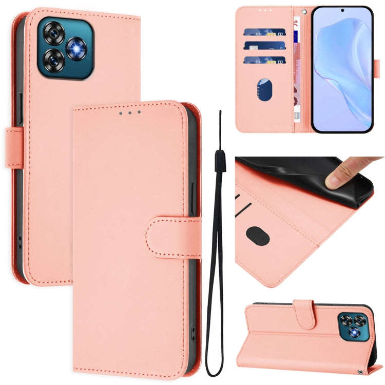 For Oukitel C53 Skin Feel Solid Color Leather Phone Case with Lanyard(Pink)