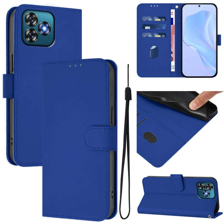 For Oukitel C53 Skin Feel Solid Color Leather Phone Case with Lanyard(Dark Blue)
