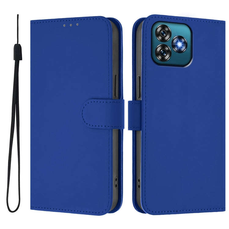 For Oukitel C53 Skin Feel Solid Color Leather Phone Case with Lanyard(Dark Blue)