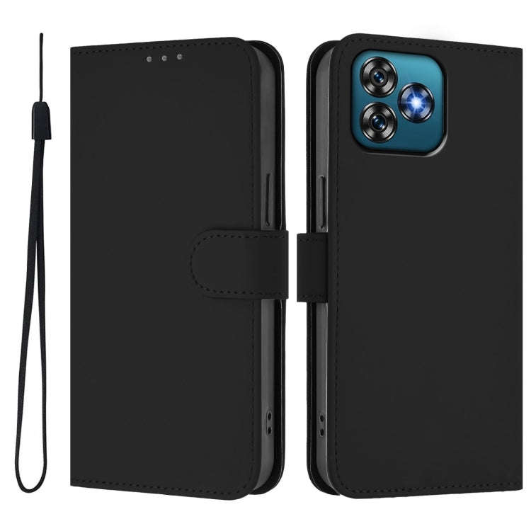 For Oukitel C53 Skin Feel Solid Color Leather Phone Case with Lanyard(Black)
