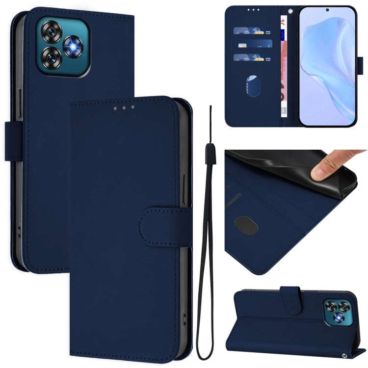 For Oukitel C53 Skin Feel Solid Color Leather Phone Case with Lanyard(Navy Blue)