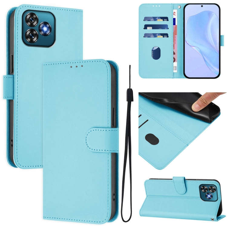 For Oukitel C53 Skin Feel Solid Color Leather Phone Case with Lanyard(Sky Blue)