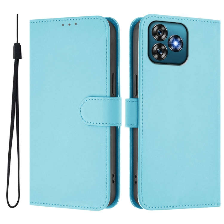 For Oukitel C53 Skin Feel Solid Color Leather Phone Case with Lanyard(Sky Blue)