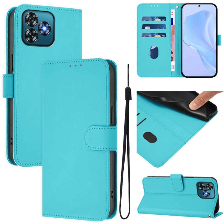 For Oukitel C53 Skin Feel Solid Color Leather Phone Case with Lanyard(Lake Blue)