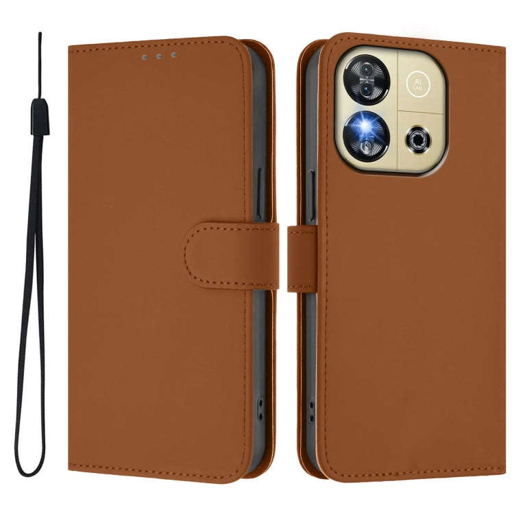 For Oukitel C57s Skin Feel Solid Color Leather Phone Case with Lanyard(Brown)