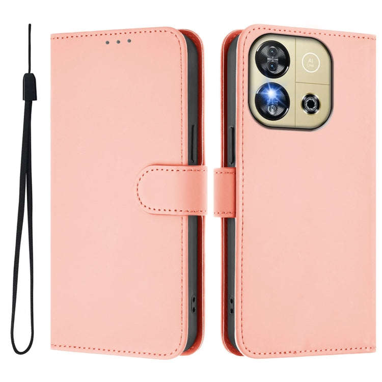For Oukitel C57s Skin Feel Solid Color Leather Phone Case with Lanyard(Pink)