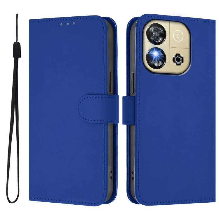 For Oukitel C57s Skin Feel Solid Color Leather Phone Case with Lanyard(Dark Blue)
