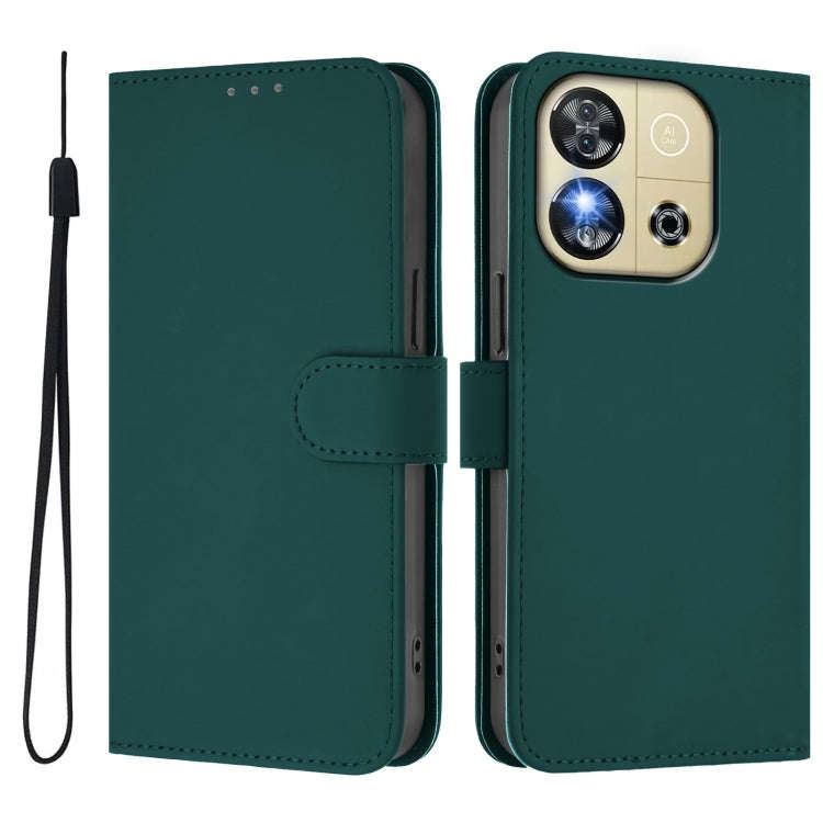 For Oukitel C57s Skin Feel Solid Color Leather Phone Case with Lanyard(Dark Green)