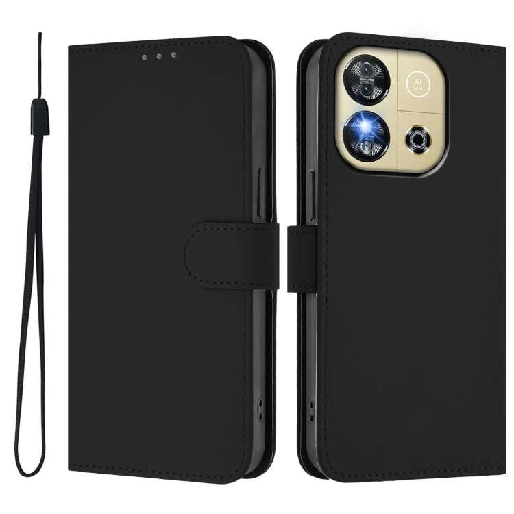 For Oukitel C57s Skin Feel Solid Color Leather Phone Case with Lanyard(Black)