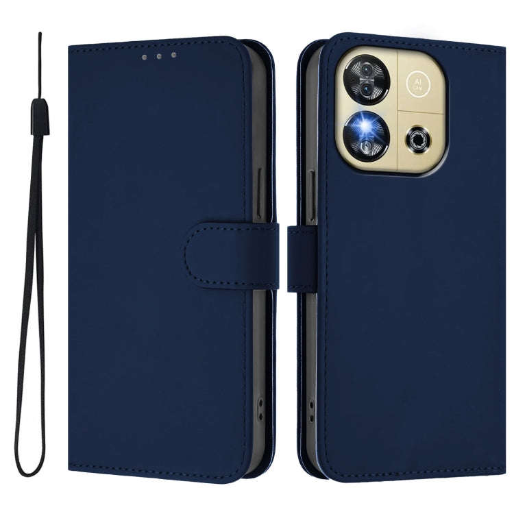 For Oukitel C57s Skin Feel Solid Color Leather Phone Case with Lanyard(Navy Blue)