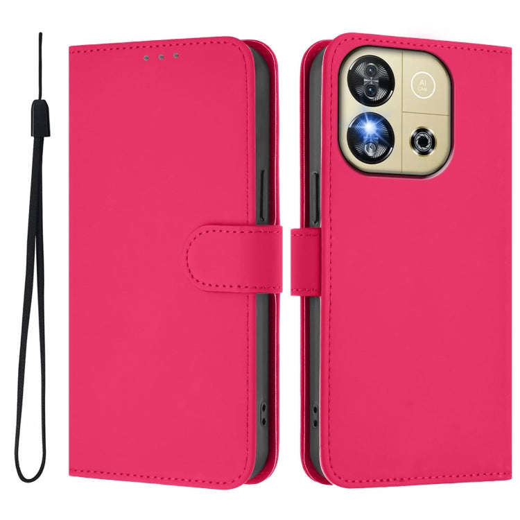 For Oukitel C57s Skin Feel Solid Color Leather Phone Case with Lanyard(Rose Red)