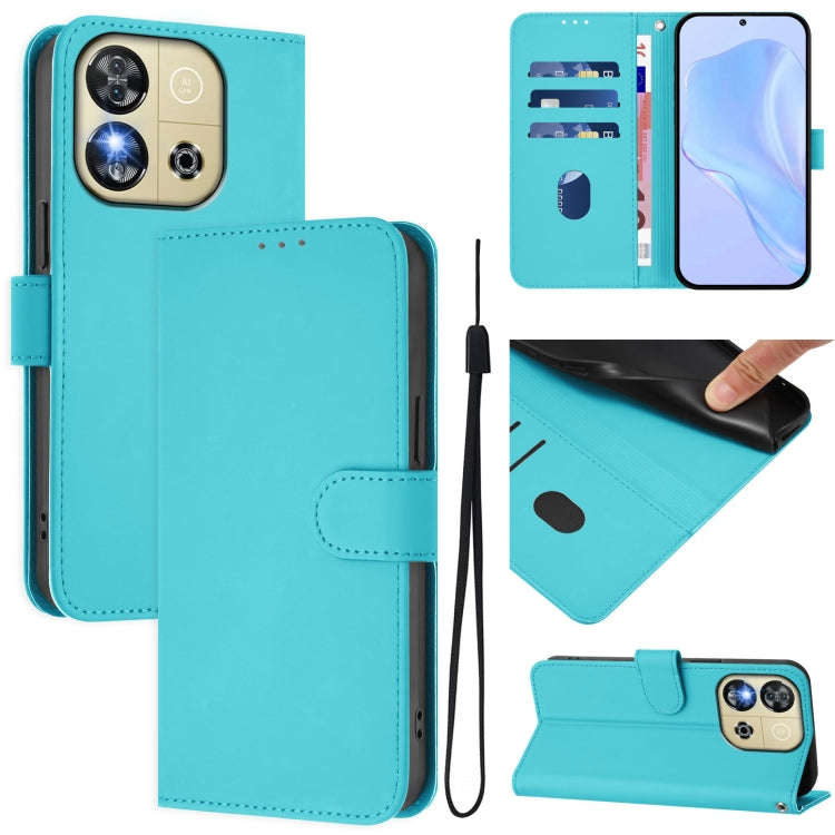For Oukitel C57s Skin Feel Solid Color Leather Phone Case with Lanyard(Lake Blue)