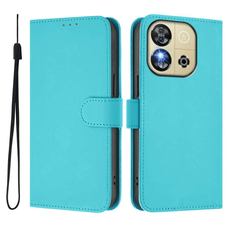 For Oukitel C57s Skin Feel Solid Color Leather Phone Case with Lanyard(Lake Blue)