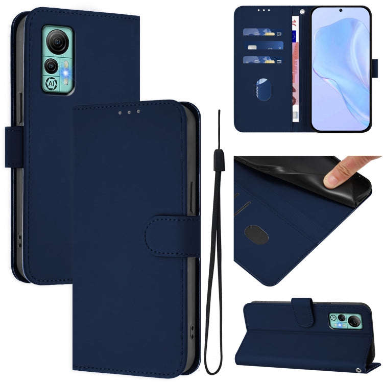 For Ulefone Note 14 Skin Feel Solid Color Leather Phone Case with Lanyard(Navy Blue)