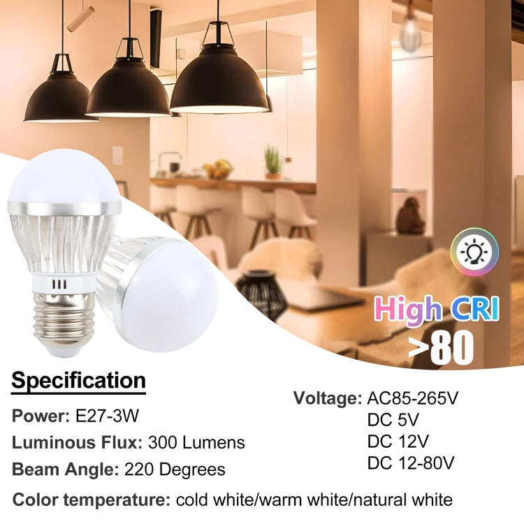 E27 3W 300 Lumens LED Ball Steep Light Bulb, Voltage:DC 12-80V(Warm White Light)