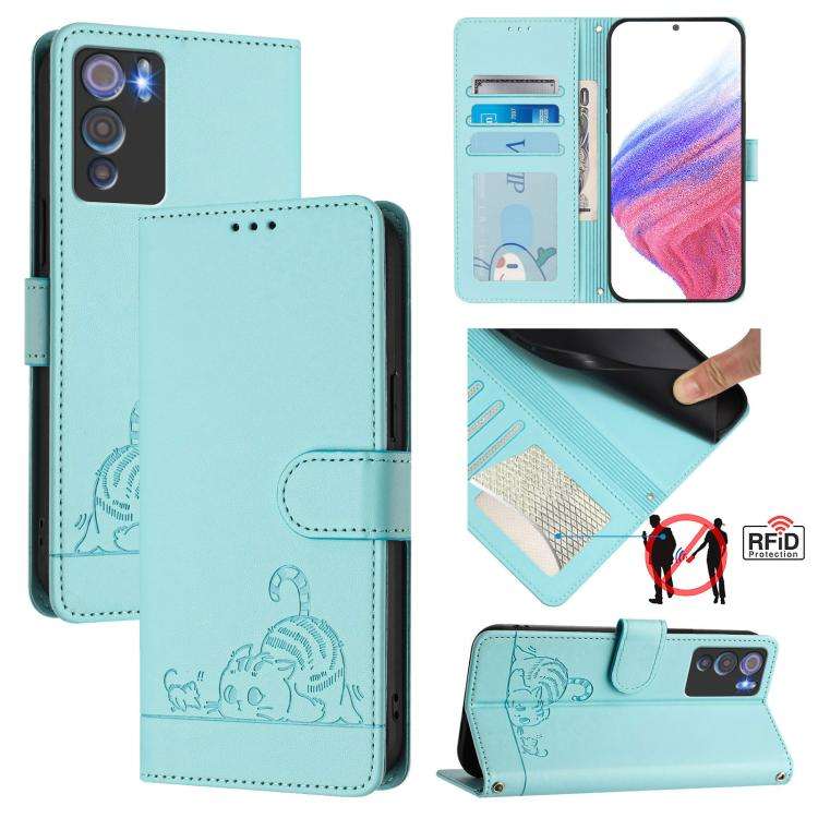 For Doogee N60 Pro Cat Rat Embossed Pattern RFID Leather Phone Case with Lanyard(Mint Green)