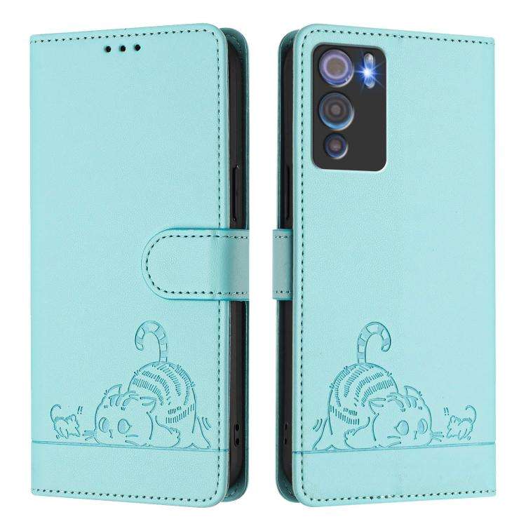 For Doogee N60 Pro Cat Rat Embossed Pattern RFID Leather Phone Case with Lanyard(Mint Green)