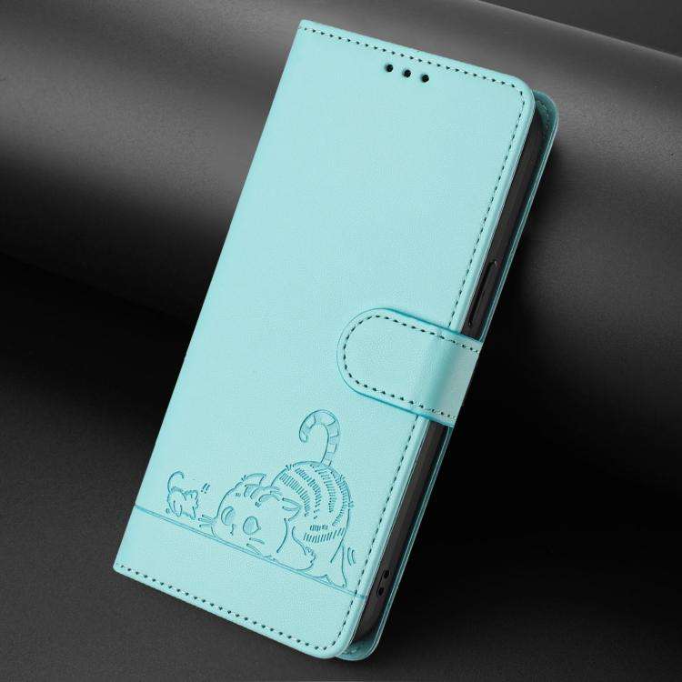 For Doogee N60 Pro Cat Rat Embossed Pattern RFID Leather Phone Case with Lanyard(Mint Green)