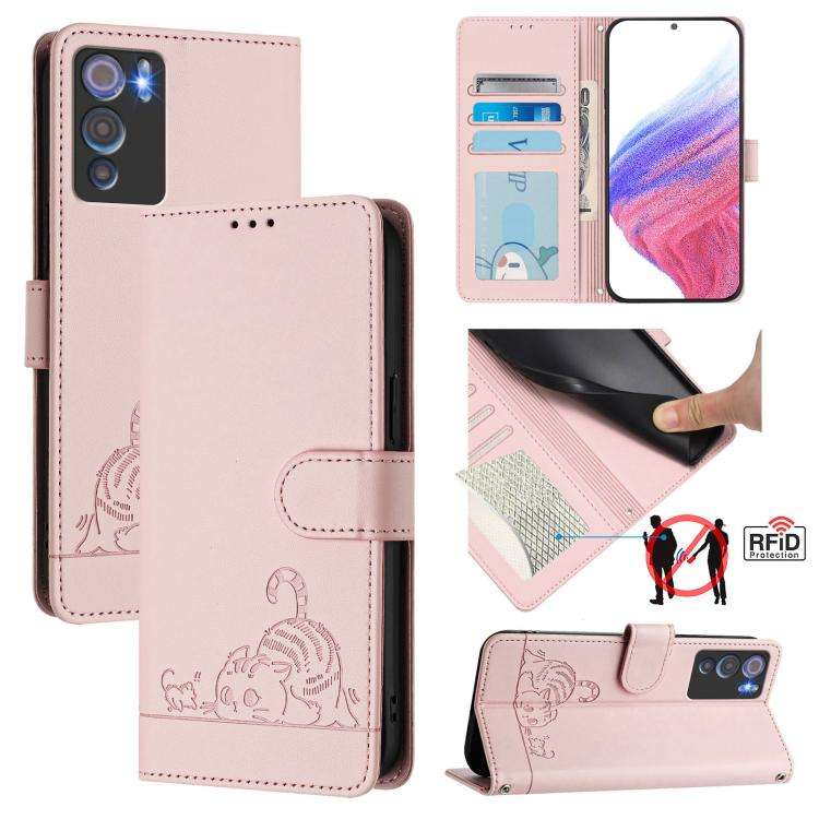 For Doogee N60 Pro Cat Rat Embossed Pattern RFID Leather Phone Case with Lanyard(Pink)