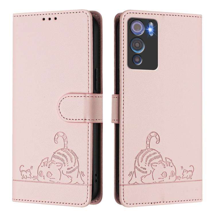 For Doogee N60 Pro Cat Rat Embossed Pattern RFID Leather Phone Case with Lanyard(Pink)