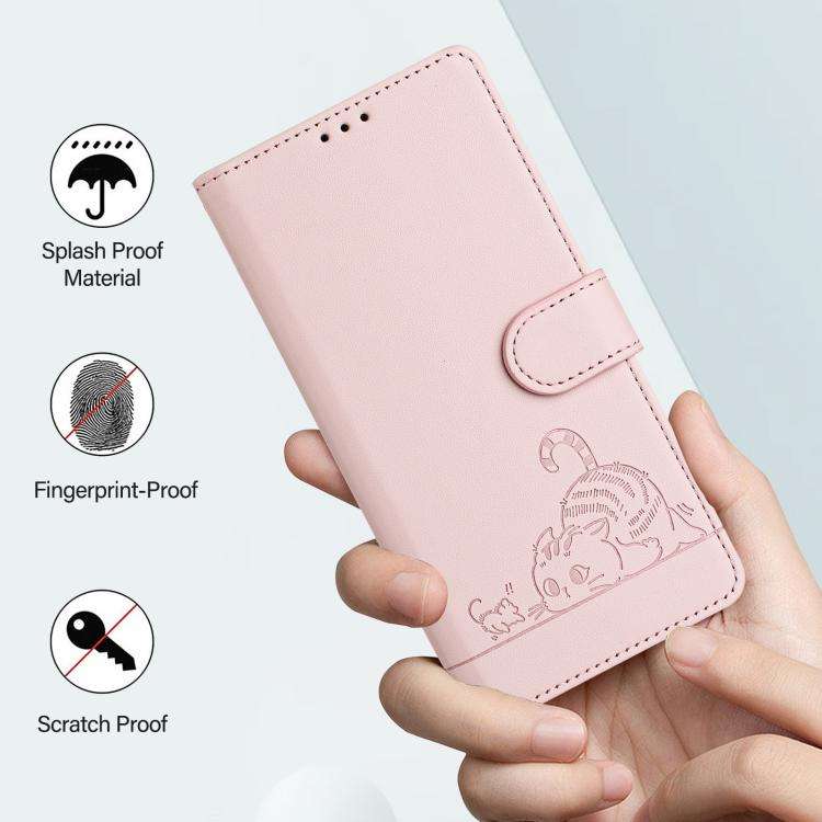 For Doogee N60 Pro Cat Rat Embossed Pattern RFID Leather Phone Case with Lanyard(Pink)