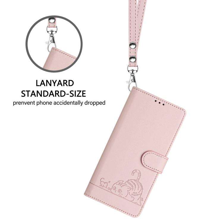For Doogee N60 Pro Cat Rat Embossed Pattern RFID Leather Phone Case with Lanyard(Pink)