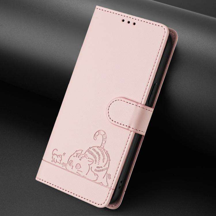 For Doogee N60 Pro Cat Rat Embossed Pattern RFID Leather Phone Case with Lanyard(Pink)
