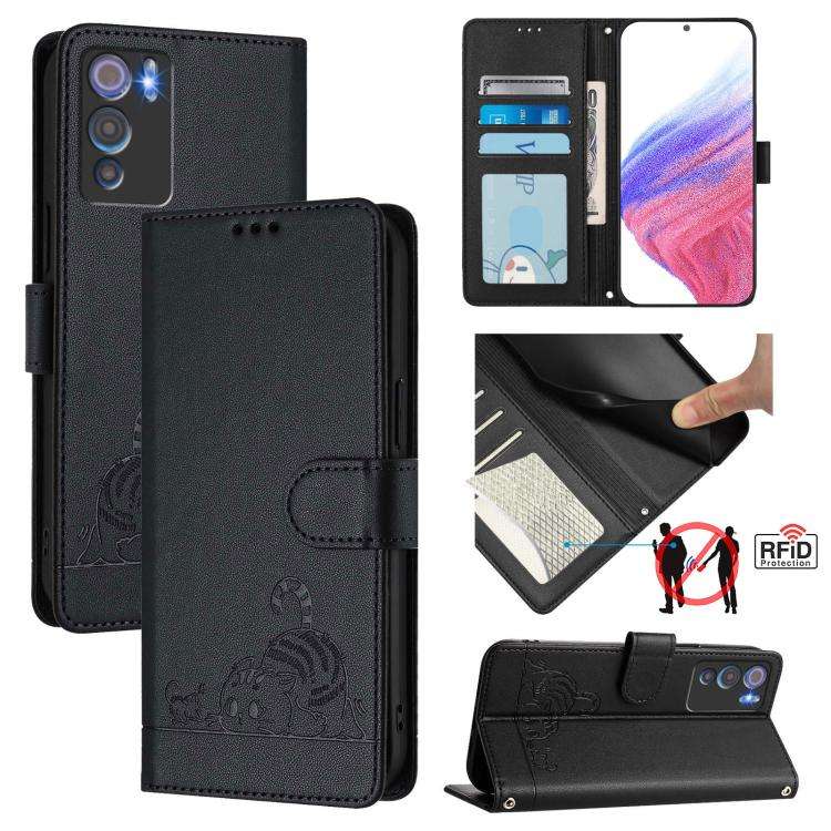 For Doogee N60 Pro Cat Rat Embossed Pattern RFID Leather Phone Case with Lanyard(Black)