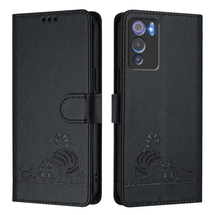 For Doogee N60 Pro Cat Rat Embossed Pattern RFID Leather Phone Case with Lanyard(Black)
