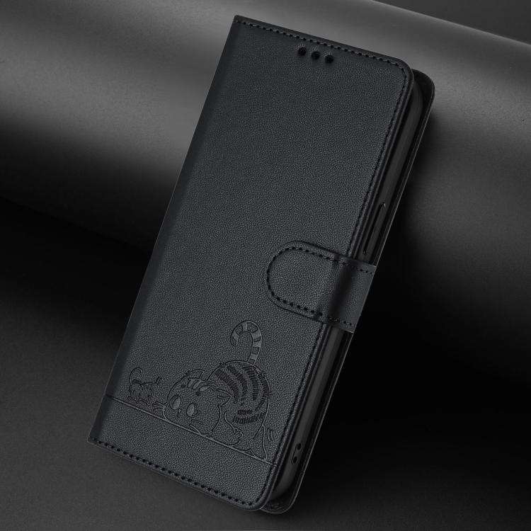 For Doogee N60 Pro Cat Rat Embossed Pattern RFID Leather Phone Case with Lanyard(Black)