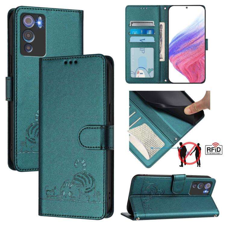 For Doogee N60 Pro Cat Rat Embossed Pattern RFID Leather Phone Case with Lanyard(Peacock Green)