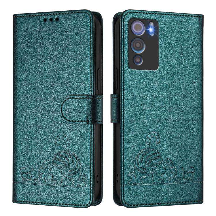 For Doogee N60 Pro Cat Rat Embossed Pattern RFID Leather Phone Case with Lanyard(Peacock Green)