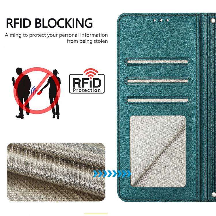 For Doogee N60 Pro Cat Rat Embossed Pattern RFID Leather Phone Case with Lanyard(Peacock Green)